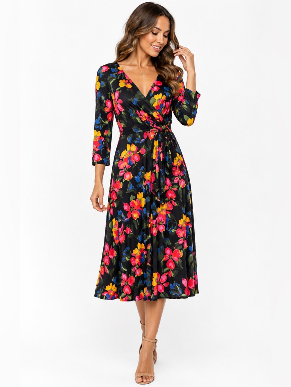 🦋lnvestmes Soft Separates XL Black Floral Wrap Midi Dress Colorful V Neck Stretc